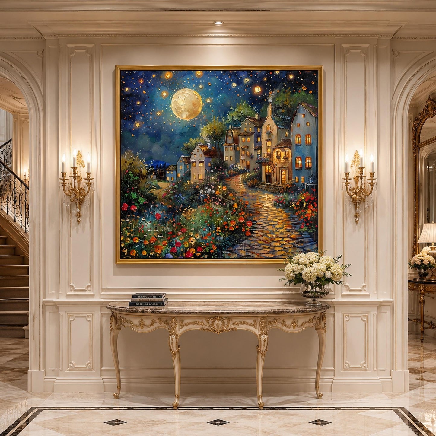 Impasto Village City Architecture Wall Art – Magical Moonlit Village Painting Oil