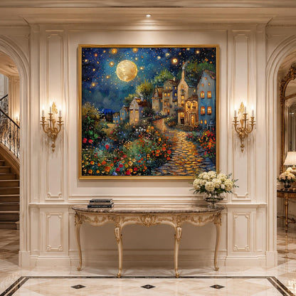 Impasto Village City Architecture Wall Art – Magical Moonlit Village Painting Oil