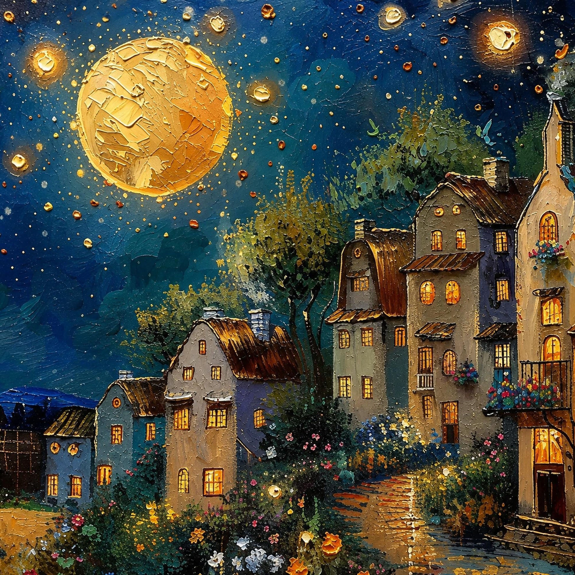 Magical Moonlit Village Painting Oil – Village City Architecture Wall Art | Impasto Painting, view 3