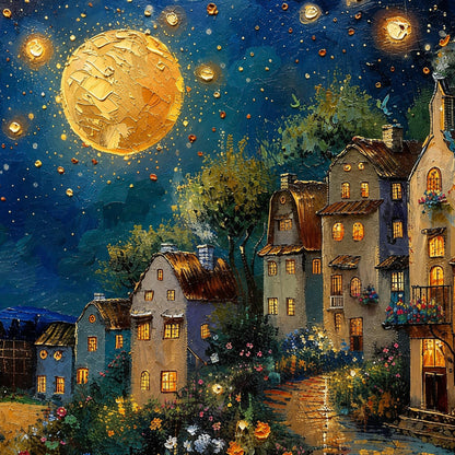 Magical Moonlit Village Painting Oil – Village City Architecture Wall Art | Impasto Painting, view 3