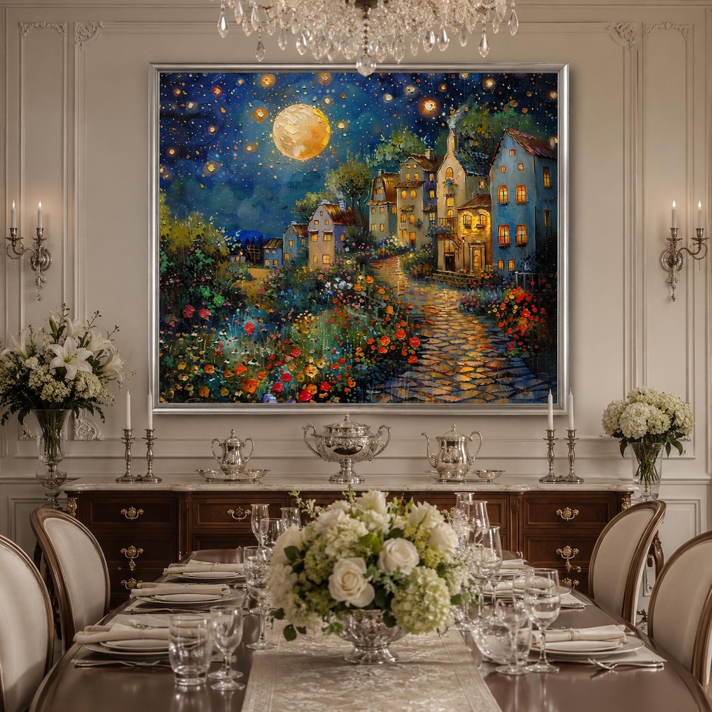 Impasto Village City Architecture Wall Art – Magical Moonlit Village Painting Oil