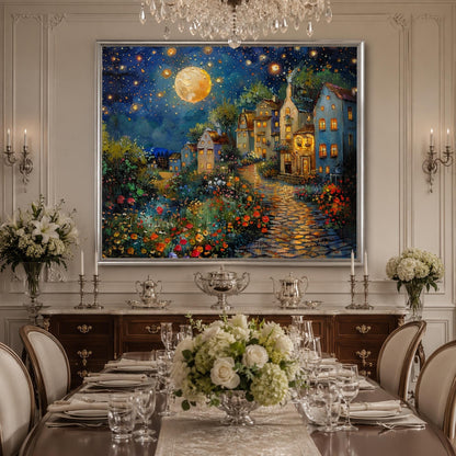Impasto Village City Architecture Wall Art – Magical Moonlit Village Painting Oil