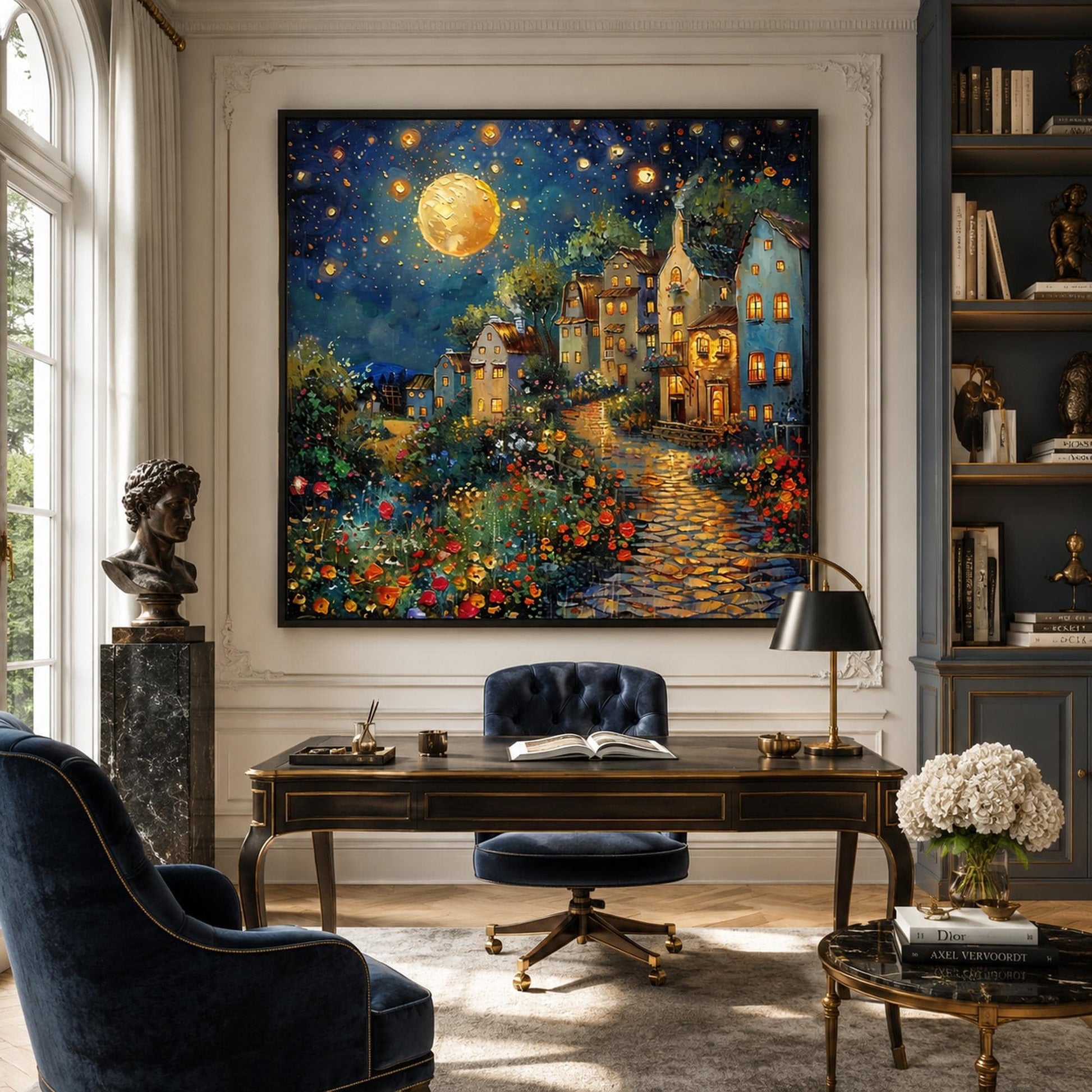 Magical Moonlit Village Painting Oil – Village City Architecture Wall Art | Impasto Painting, view 1