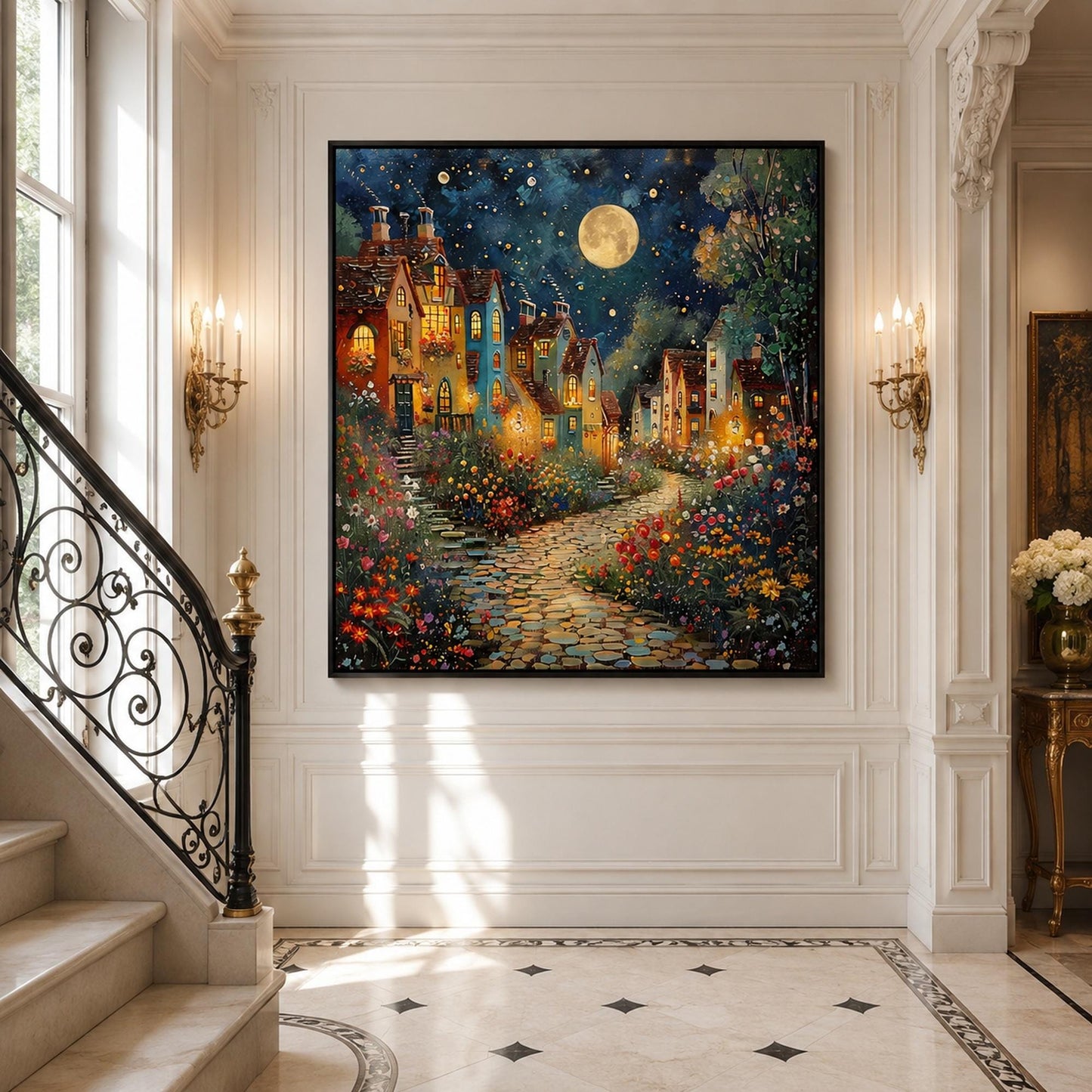 Teal and Gold Impasto City Architecture Wall Art – Moonlit Village Oil Painting