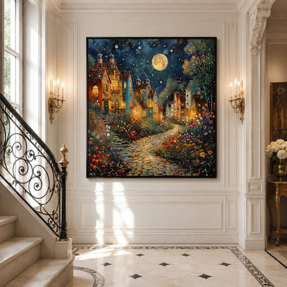 Teal and Gold Impasto City Architecture Wall Art – Moonlit Village Oil Painting