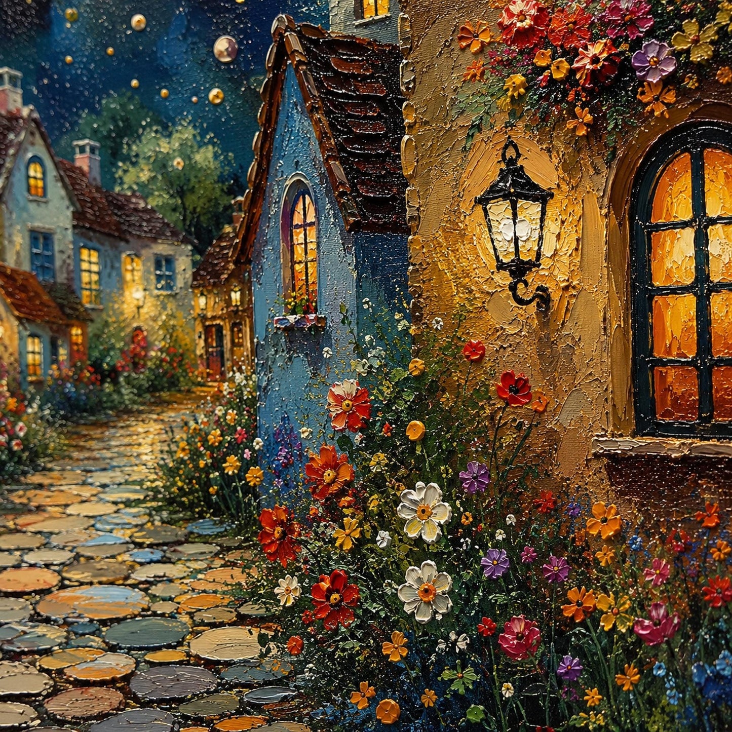 Impasto Oil Painting – Teal and Gold Village City Architecture Wall Art | Impasto Oil Painting, view 5