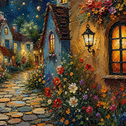 Impasto Oil Painting – Teal and Gold Village City Architecture Wall Art | Impasto Oil Painting, view 5