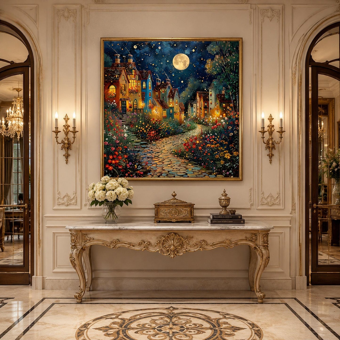 Teal and Gold Impasto City Architecture Wall Art – Moonlit Village Oil Painting