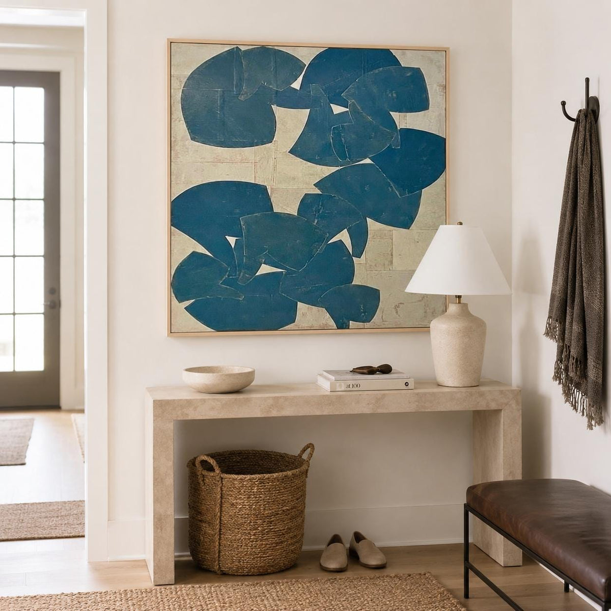 Blue Beige Cutout Shape Wall Art Abstract Textured Canvas Painting for Modern Bedroom Decor