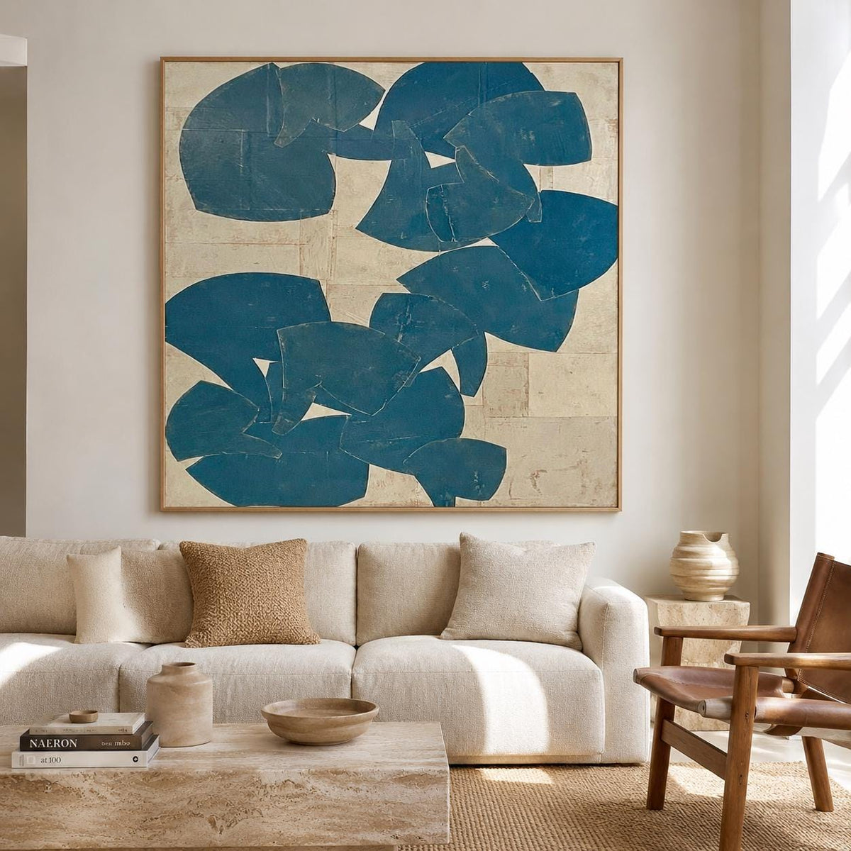 Blue Beige Cutout Shape Wall Art Abstract Textured Canvas Painting for Modern Bedroom Decor