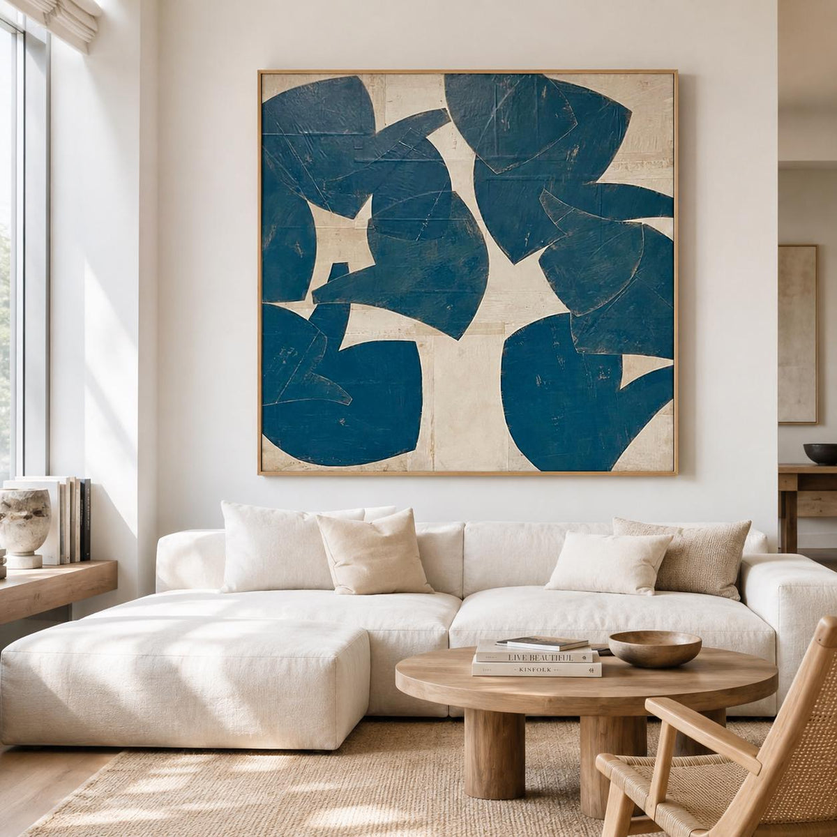 Blue Beige Organic Shape Wall Art Abstract Botanical Canvas Painting for Living Room Decor