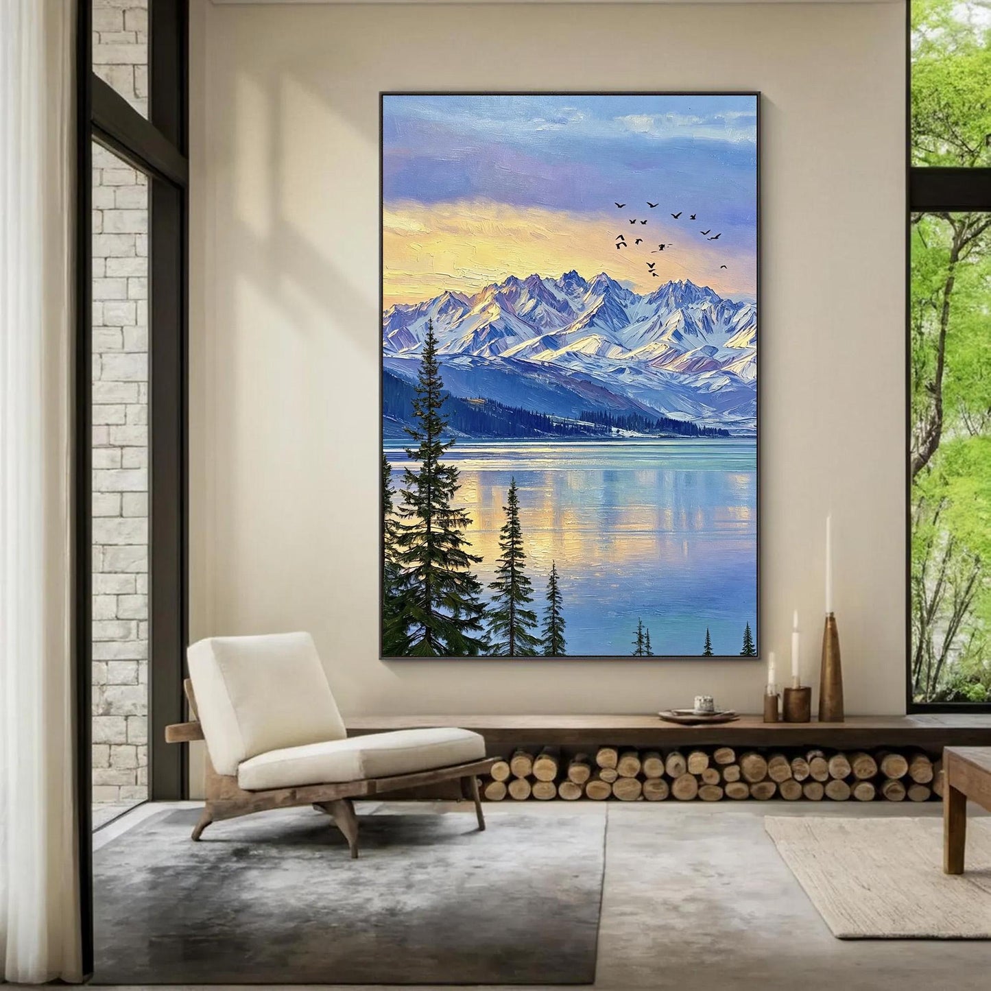 Snowy Mountain Lake at Sunset 3D Texture Wall Art – Blue and Amber Impasto Oil Painting