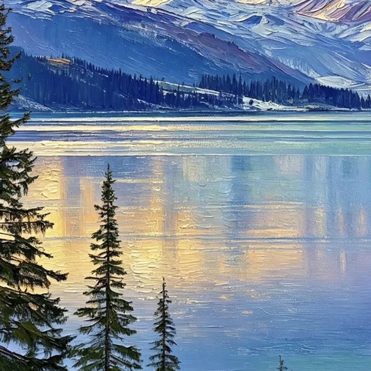 Snowy Mountain Lake at Sunset 3D Texture Wall Art – Blue and Amber Impasto Oil Painting