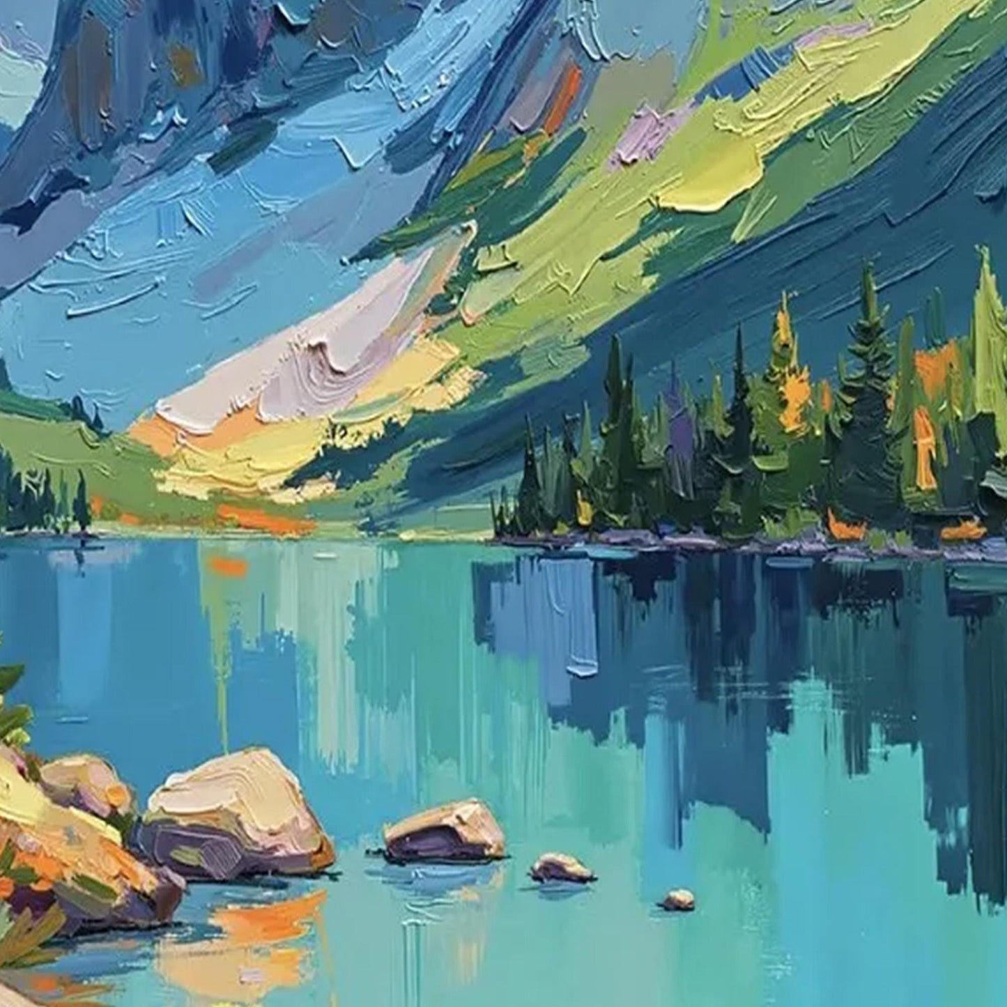 Colorful Impasto Mountain Lake Oil Painting – Landscape Wall Art
