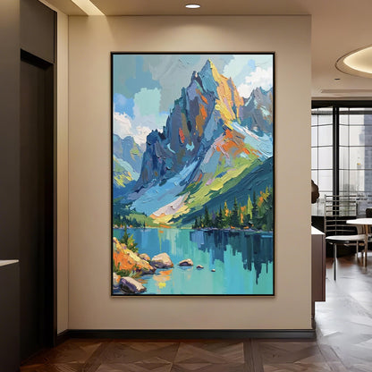 Colorful Impasto Mountain Lake Oil Painting – Landscape Wall Art