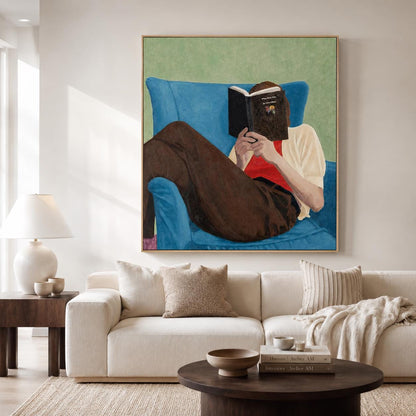 Book Lover Wall Art Blue Chair Figure Canvas Painting for Cozy Modern Bedroom Decor