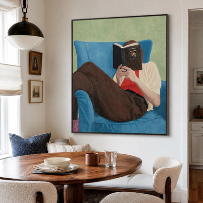 Book Lover Wall Art Blue Chair Figure Canvas Painting for Cozy Modern Bedroom Decor