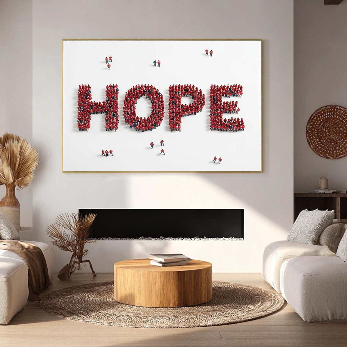 Red Crowd Typography Minimalist Wall Art – People Forming HOPE Oil Painting
