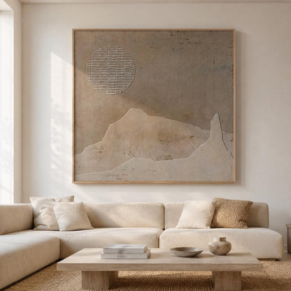 Brown Wabi Sabi Wall Art Moon Landscape Texture Canvas Painting for Living Room Decor