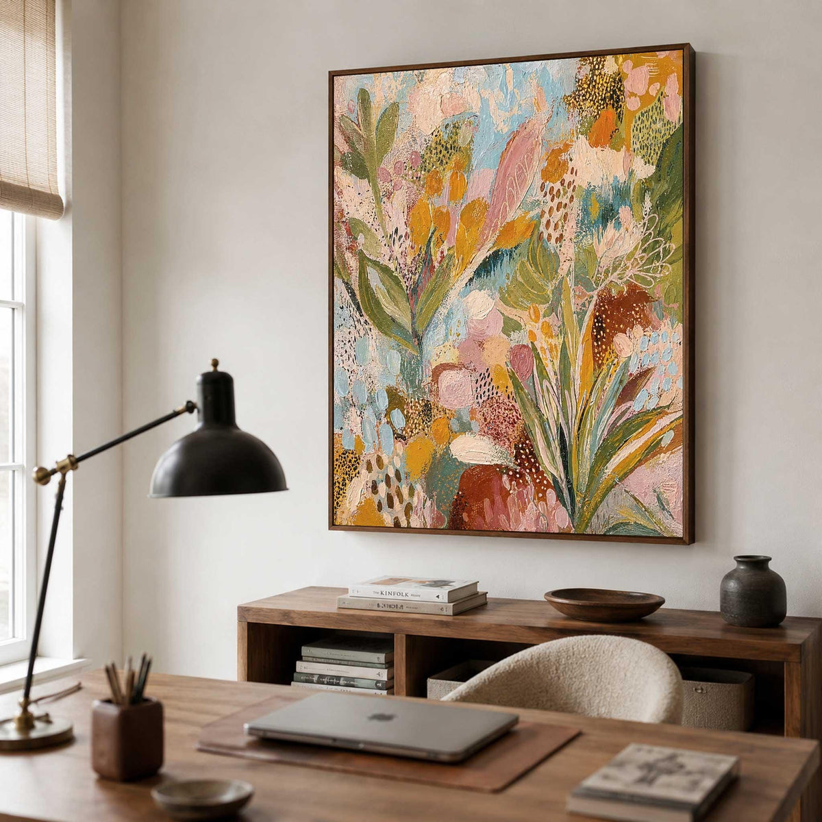 May include: A rectangular wall art piece featuring an abstract botanical composition with layered textures and a vibrant color palette of mustard yellow, sage green, soft pink, deep terracotta, and light blue, framed in a thin dark wood border.