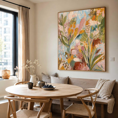 May include: A large rectangular canvas painting featuring an abstract botanical composition with layers of mustard yellow, sage green, soft pink, and sky blue paint, displayed in a thin wooden frame on a light-colored wall above a wooden dining bench.