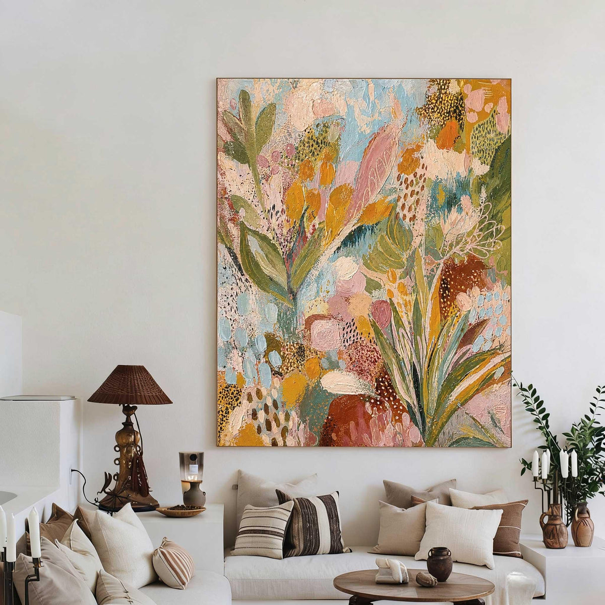 May include: A large rectangular canvas painting featuring an abstract botanical composition with thick, textured brushstrokes in shades of sage green, mustard yellow, soft pink, sky blue, and deep terracotta, accented by small dark brown dots.