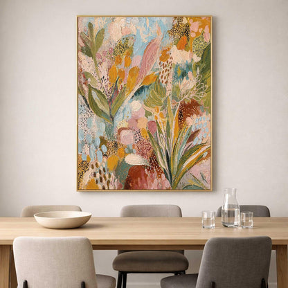 May include: A rectangular wall art piece featuring an abstract botanical painting with thick, textured brushstrokes in shades of mustard yellow, sage green, soft pink, and light blue, enclosed within a thin, metallic gold-colored frame.