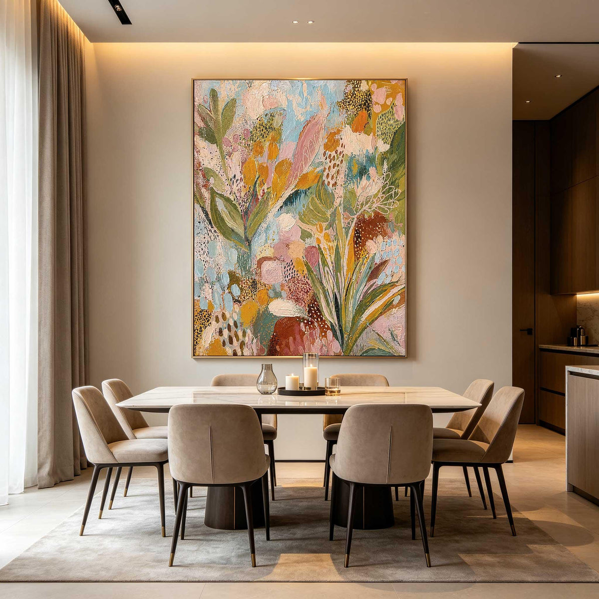 May include: A large rectangular canvas painting featuring an abstract floral composition with textured layers of mustard yellow, sage green, soft pink, and sky blue paint, displayed in a thin gold frame above a dining table with six chairs.