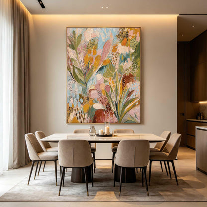 May include: A large rectangular canvas painting featuring an abstract floral composition with textured layers of mustard yellow, sage green, soft pink, and sky blue paint, displayed in a thin gold frame above a dining table with six chairs.