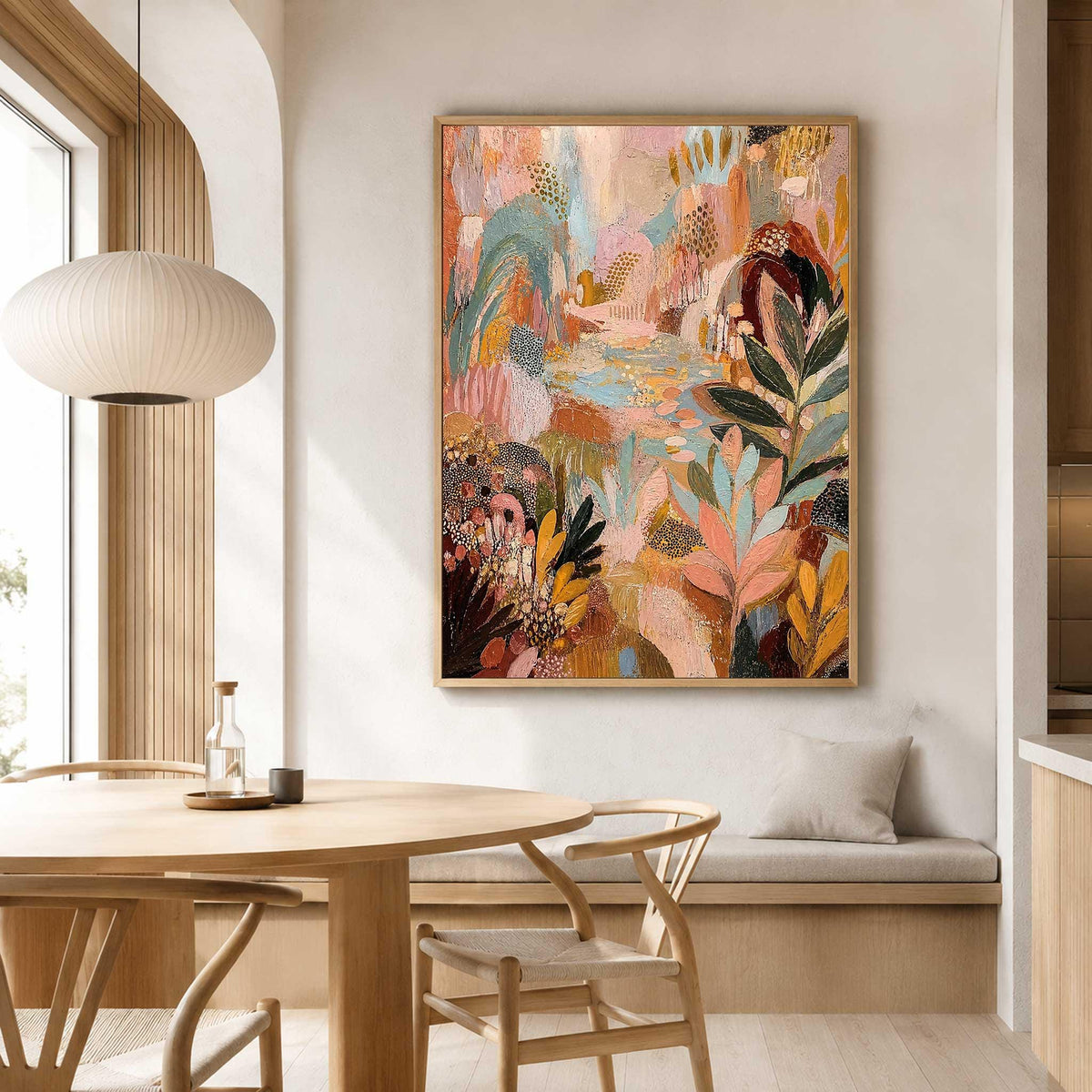 May include: A rectangular wall art piece featuring an abstract landscape painting with layered textures and colors including shades of pink, peach, teal, mustard yellow, and deep brown, depicting stylized foliage and organic shapes.
