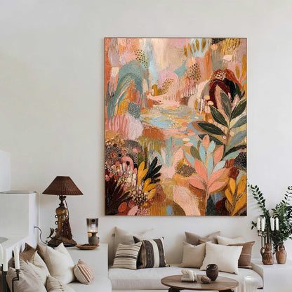 May include: A large rectangular canvas painting featuring an abstract landscape with layered textures and a vibrant color palette of soft pink, muted teal, deep brown, mustard yellow, and cream. The composition includes stylized foliage and organic shapes.