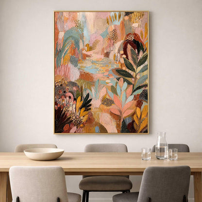 May include: A rectangular framed wall art piece featuring an abstract landscape painting with layered textures and a color palette of soft pink, muted orange, deep brown, sage green, and light blue, depicting stylized foliage and organic shapes.