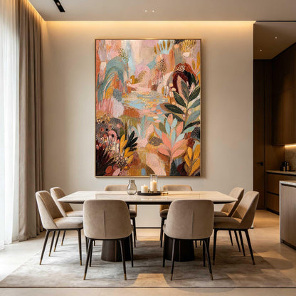 May include: A large rectangular wall art piece featuring an abstract landscape painting with layered textures and a palette of soft pink, muted blue, deep green, and warm gold tones, depicting stylized foliage and organic shapes in a vertical orientation.