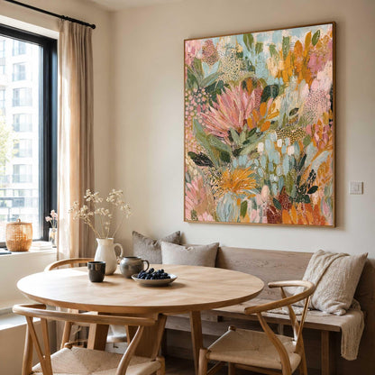 May include: A large rectangular canvas painting featuring an abstract floral composition with layered brushstrokes in shades of pink, orange, sage green, and cream. The artwork displays stylized protea flowers and foliage with textured details.