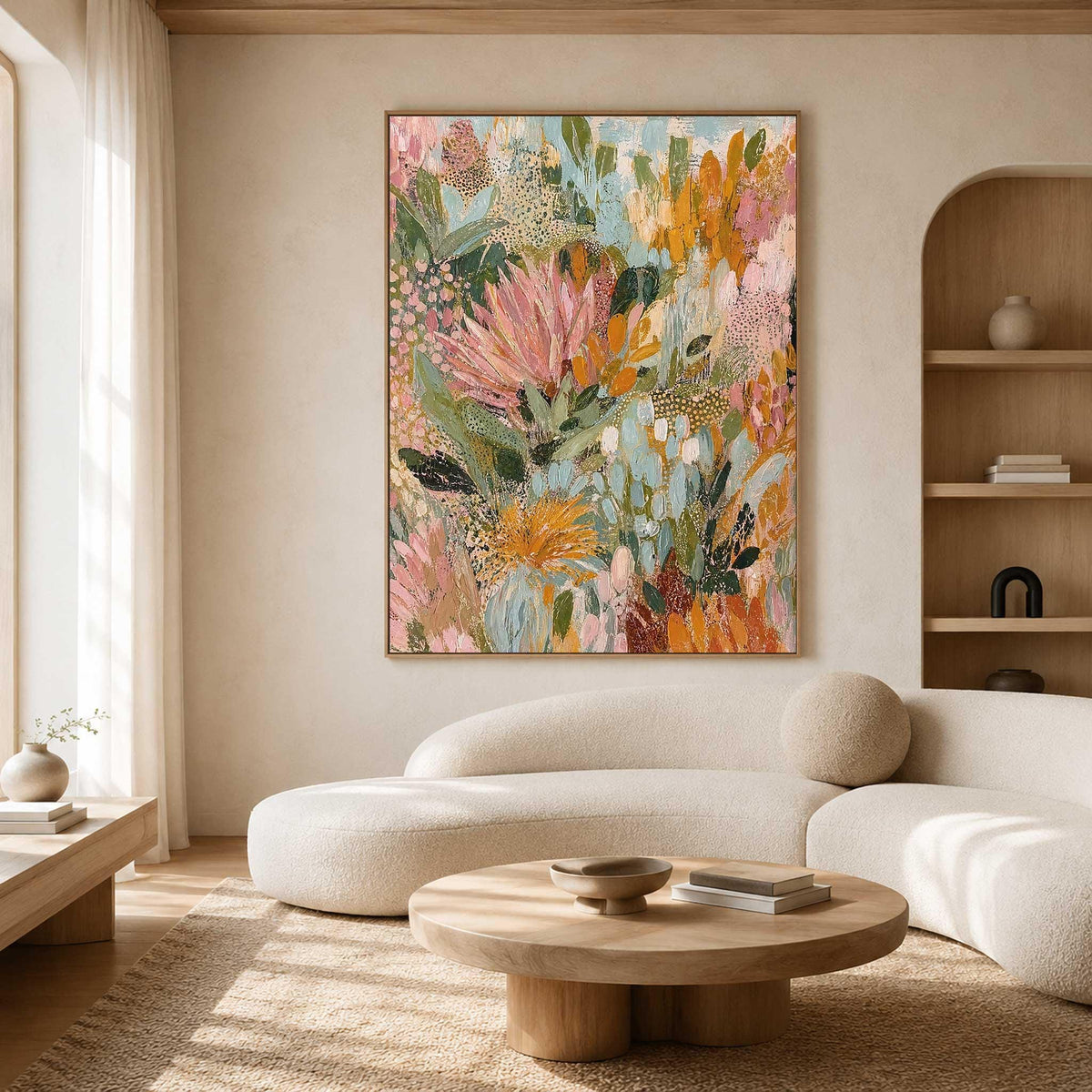 May include: A large rectangular canvas painting featuring an abstract floral composition with layered brushstrokes in shades of soft pink, muted orange, sage green, and cream. The artwork displays textured botanical shapes and organic patterns.
