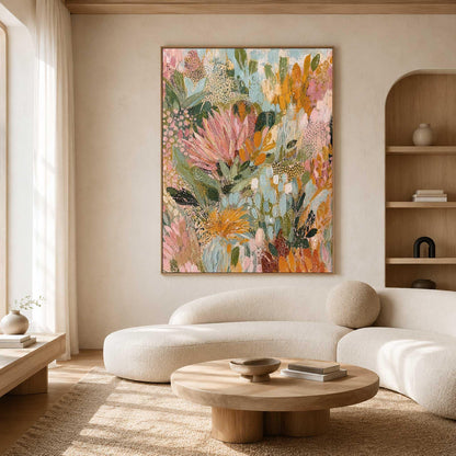 May include: A large rectangular canvas painting featuring an abstract floral composition with layered brushstrokes in shades of soft pink, muted orange, sage green, and cream. The artwork displays textured botanical shapes and organic patterns.