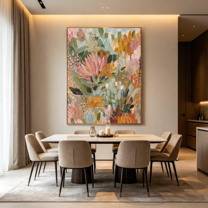 May include: A large rectangular canvas painting featuring an abstract floral composition with thick, textured brushstrokes in shades of soft pink, muted orange, sage green, and cream, displayed on a wall above a dining table with six chairs.