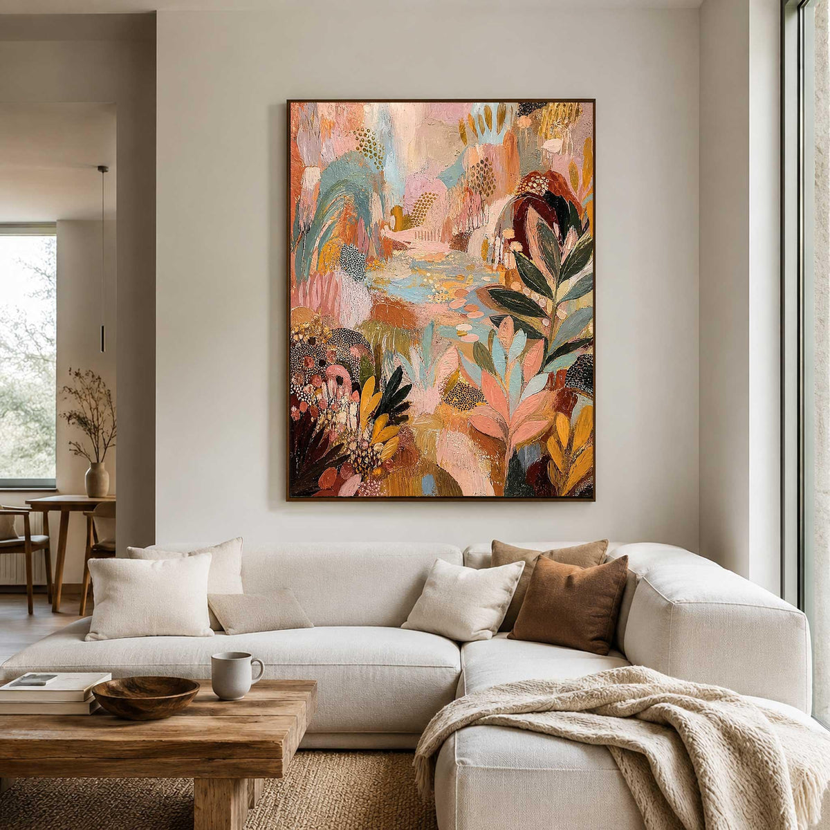May include: A large rectangular canvas painting featuring an abstract botanical composition with layered textures and a palette of soft pink, muted teal, warm orange, deep brown, and gold tones, depicting stylized foliage and organic shapes.