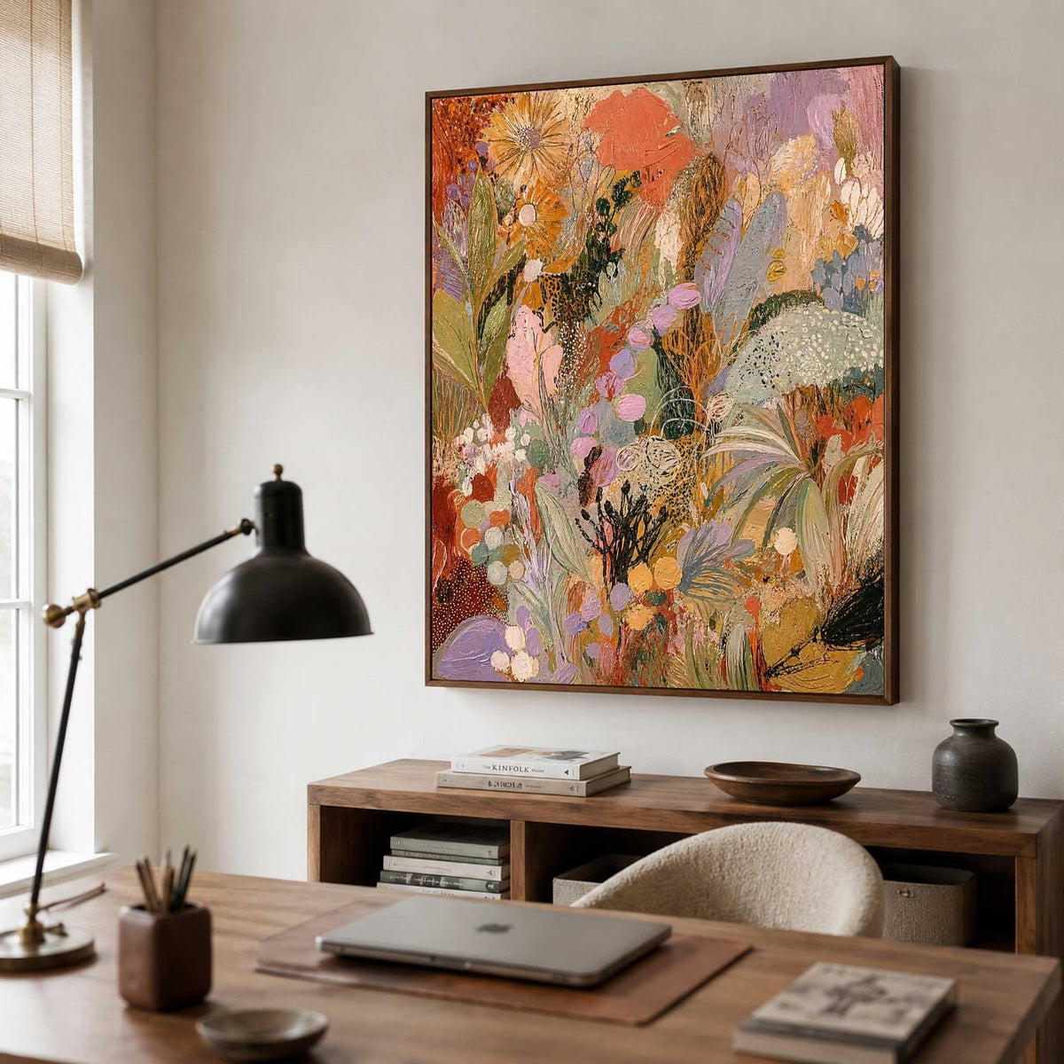 May include: A rectangular wall art piece featuring an abstract floral composition with thick, textured paint strokes in shades of orange, lavender, sage green, gold, and deep brown, framed in a dark wood border hanging on a plain white wall.