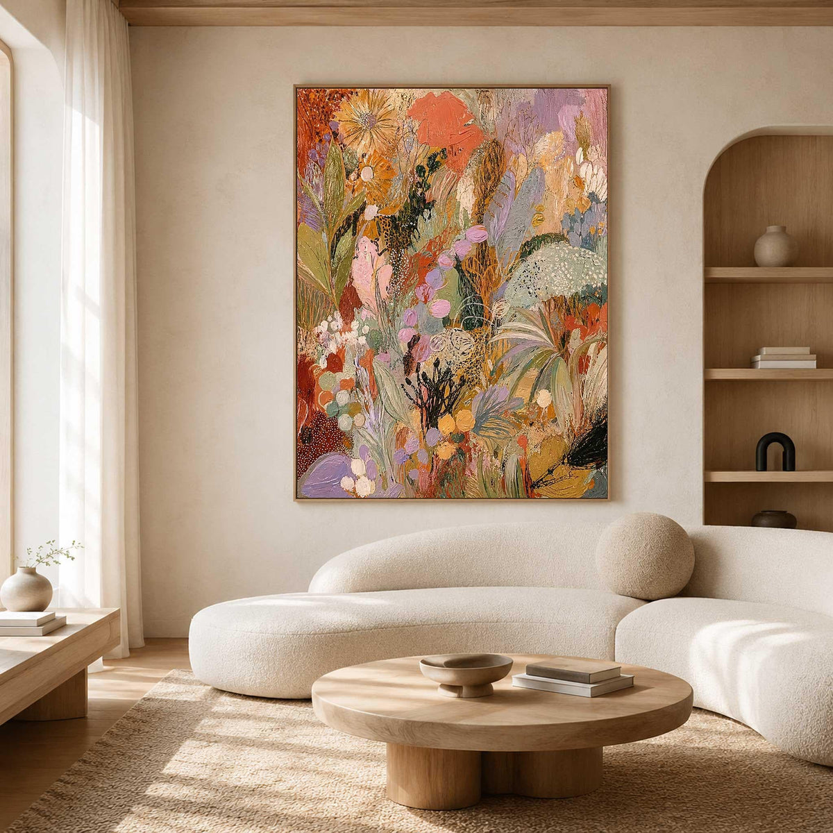 May include: A large rectangular wall art piece featuring an abstract floral composition with a vibrant palette of orange, gold, lavender, green, and deep brown tones. The textured painting displays layered brushstrokes and organic shapes.