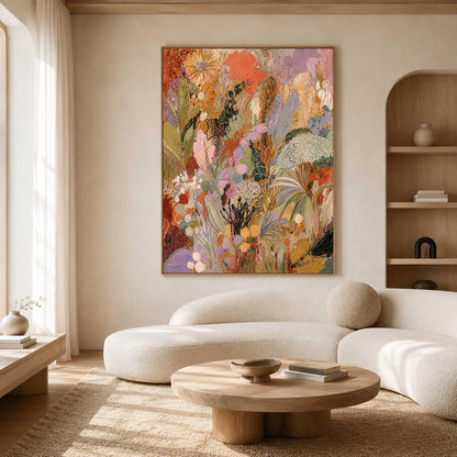 May include: A large rectangular wall art piece featuring an abstract floral composition with a vibrant palette of orange, gold, lavender, green, and deep brown tones. The textured painting displays layered brushstrokes and organic shapes.