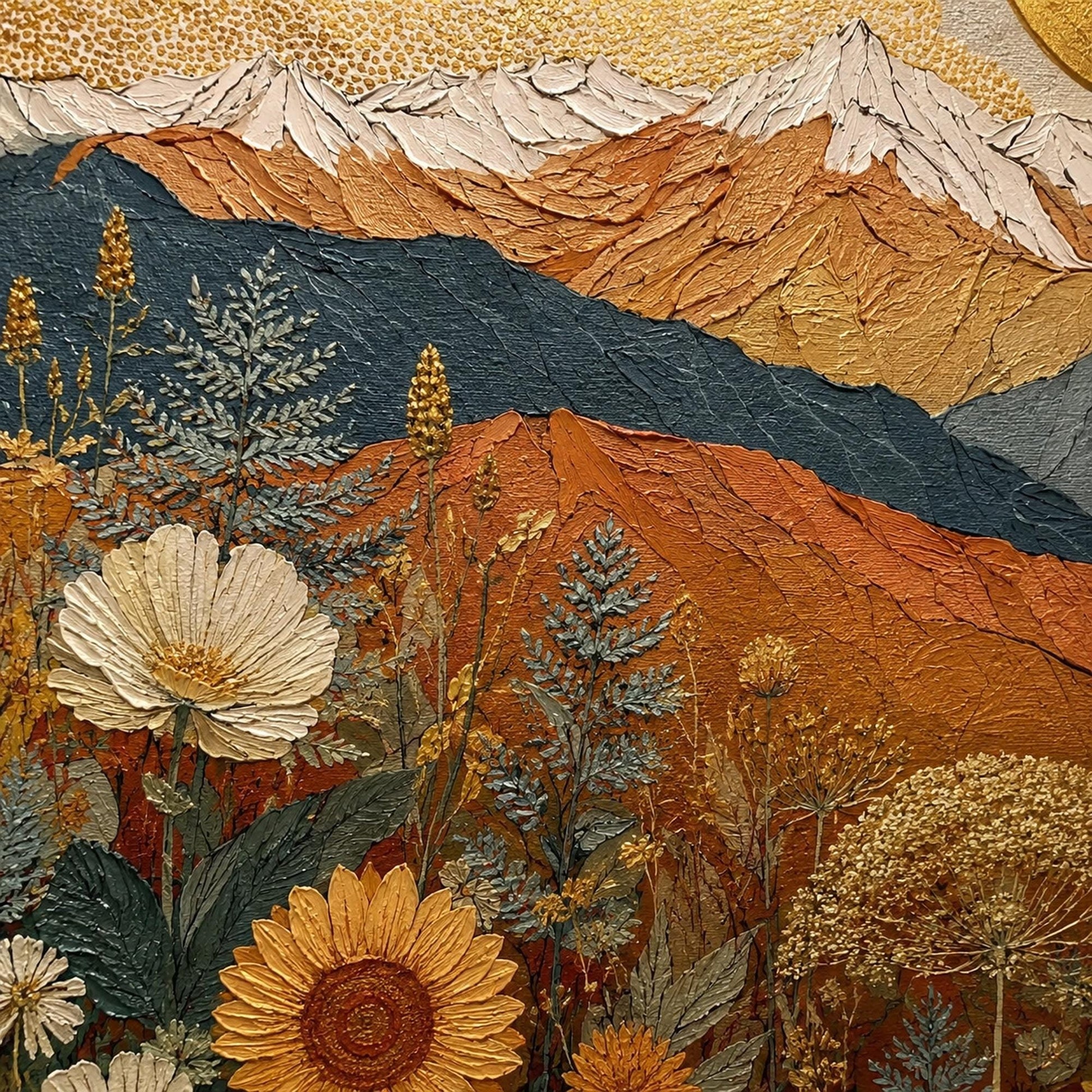 Golden Sun Mountain – Gold and White Wildflower Floral Wall Art | Boho Painting, view 5