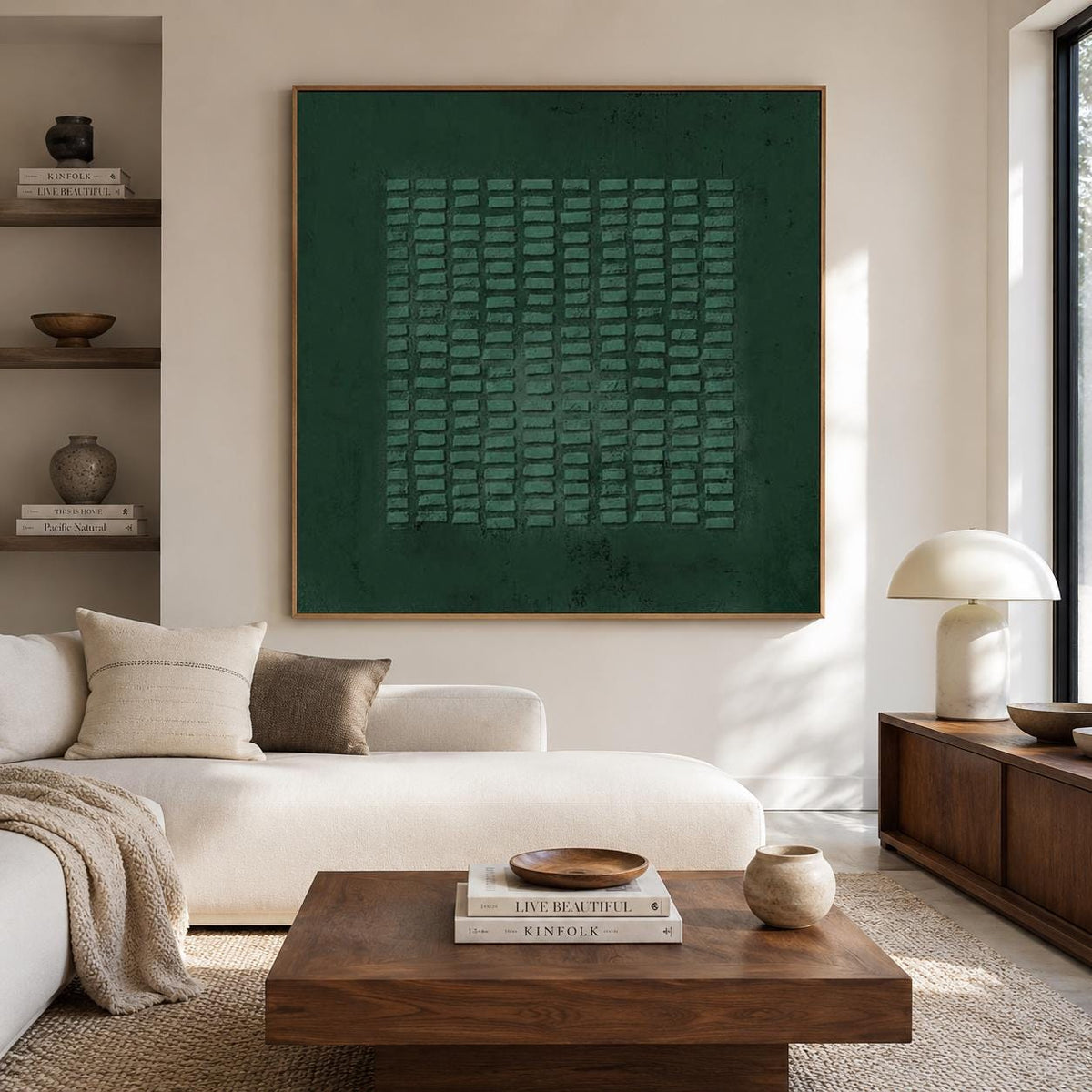 May include: A large square wall art piece featuring a deep forest green background with a central grid of raised, textured rectangular blocks in a lighter shade of green, all enclosed within a thin, light-colored wooden frame.