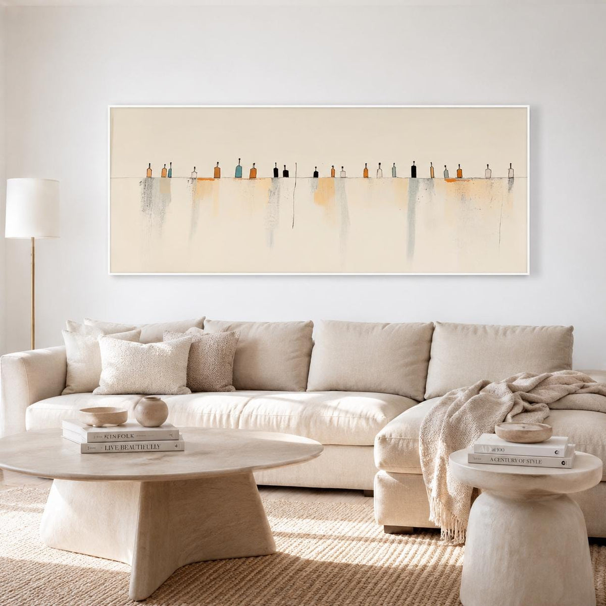 May include: A large horizontal rectangular wall art piece featuring a series of small, stylized bottle-like figures arranged in a single line across a cream-colored background, with soft, vertical watercolor-style washes in gray and orange.