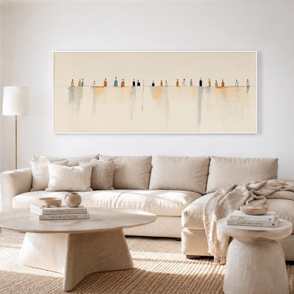 May include: A large horizontal rectangular wall art piece featuring a series of small, stylized bottle-like figures arranged in a single line across a cream-colored background, with soft, vertical watercolor-style washes in gray and orange.