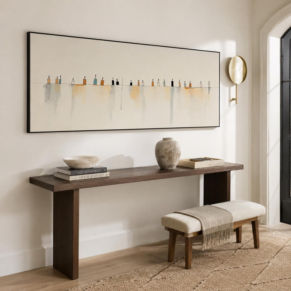 May include: A rectangular wall art piece featuring a horizontal line of small, colorful bottle illustrations against a cream background, with abstract vertical paint drips below each bottle, all enclosed within a thin black frame.