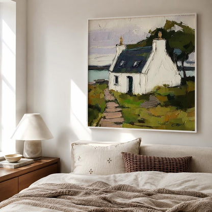 May include: A square canvas painting depicting a white cottage with a dark blue roof situated on a grassy landscape. A stone path leads toward the house, with dark green trees in the background and a light blue sky above the horizon line.