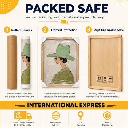 May include: An infographic titled PACKED SAFE showing three shipping methods: a rolled canvas in a protective tube, framed artwork with corner guards and plastic film, and a large wooden crate with handling icons for fragile items.