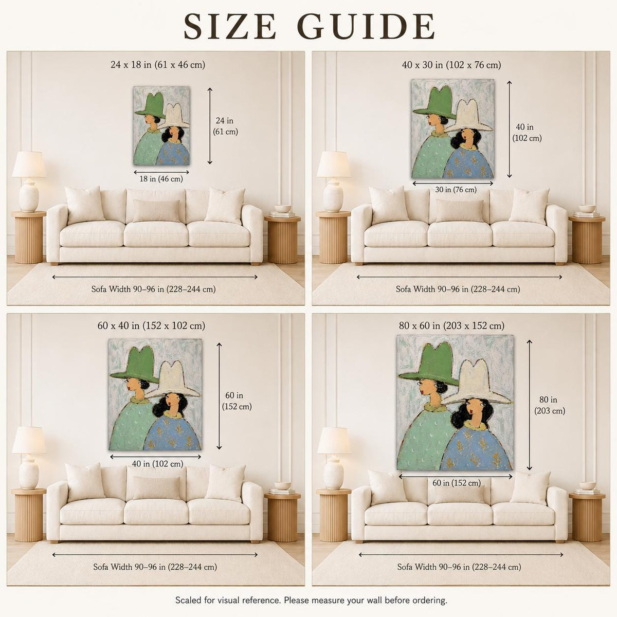 Two Women Hat Wall Art Green Blue Textured Portrait Canvas Painting for Entryway Decor