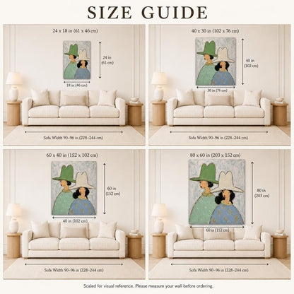 Two Women Hat Wall Art Green Blue Textured Portrait Canvas Painting for Entryway Decor